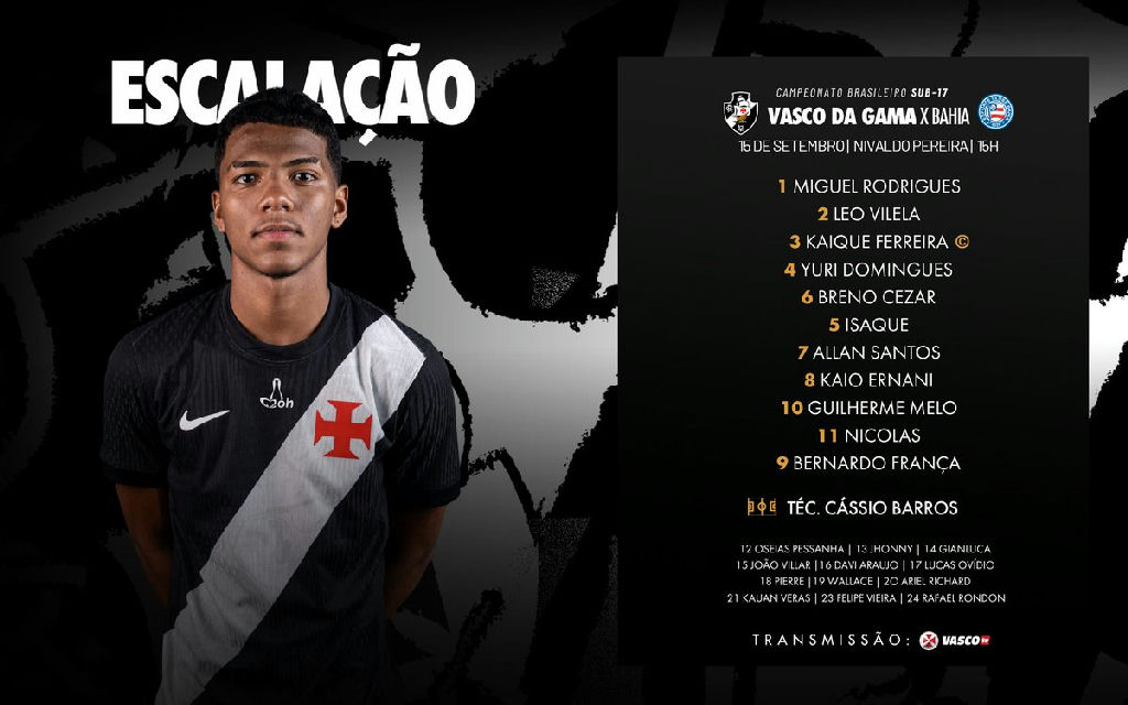 Vasco da Gama define escalação para o confronto decisivo contra o Bahia no Brasileiro Sub-17