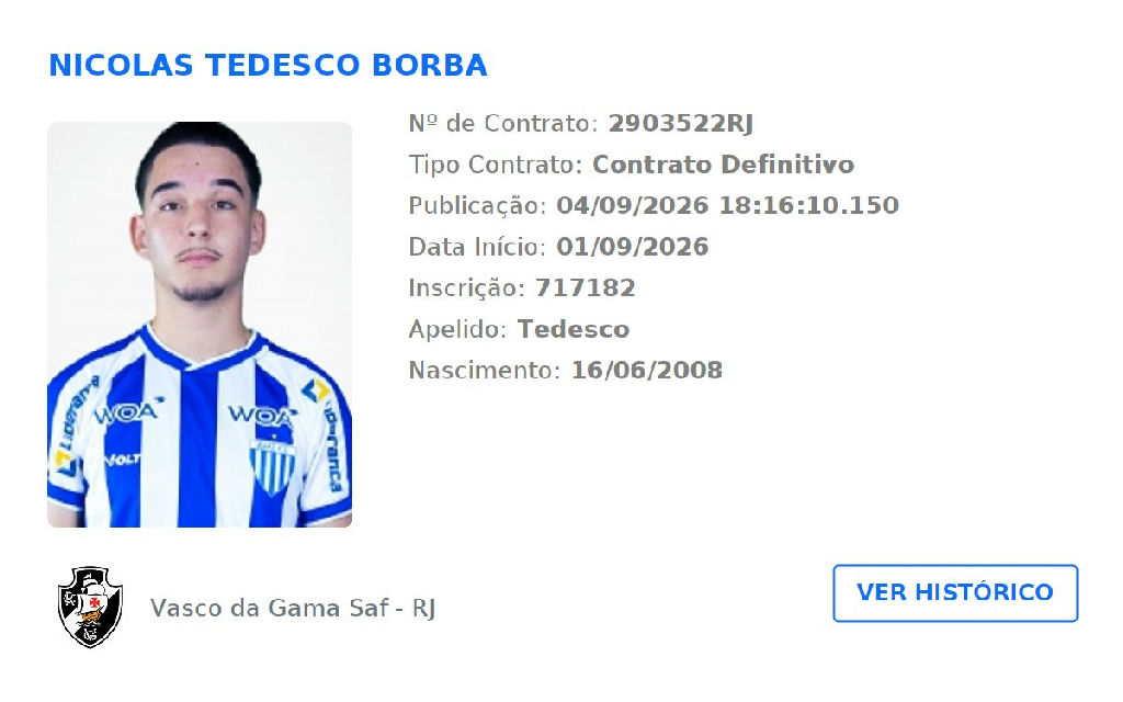 Vasco da Gama oficializa contrato definitivo do jovem atacante Tedesco