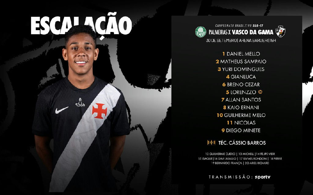 Vasco define escalação para duelo decisivo contra o Palmeiras pelo Brasileirão Sub-17