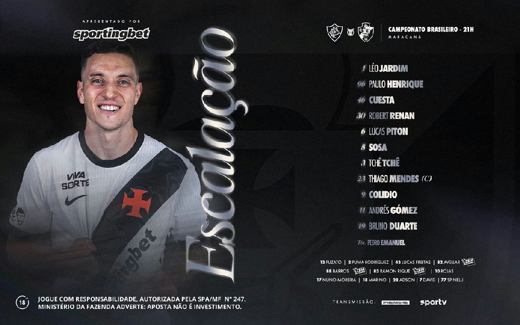 Vasco define escalação para o clássico contra o Fluminense com estreia de Bruno Duarte