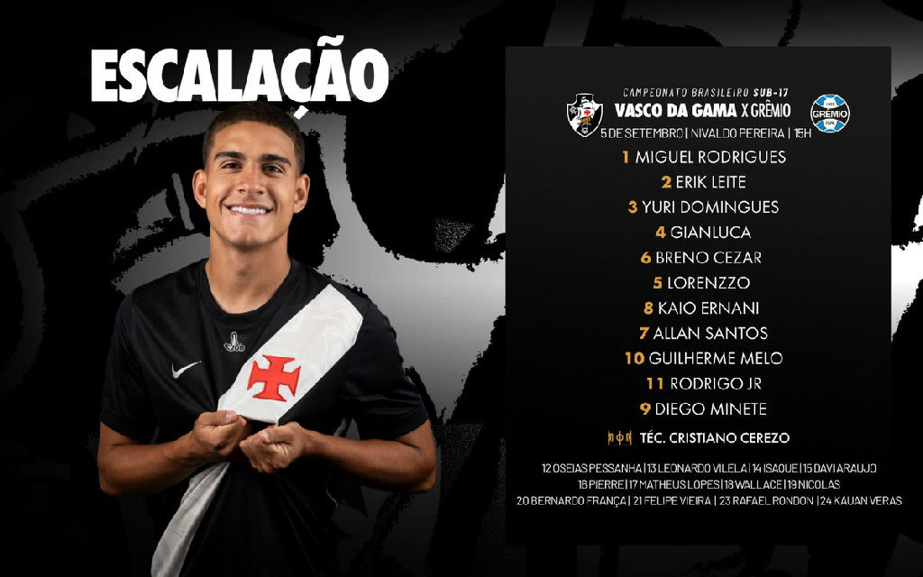 Vasco define escalação para o confronto contra o Grêmio pelo Brasileiro Sub-17