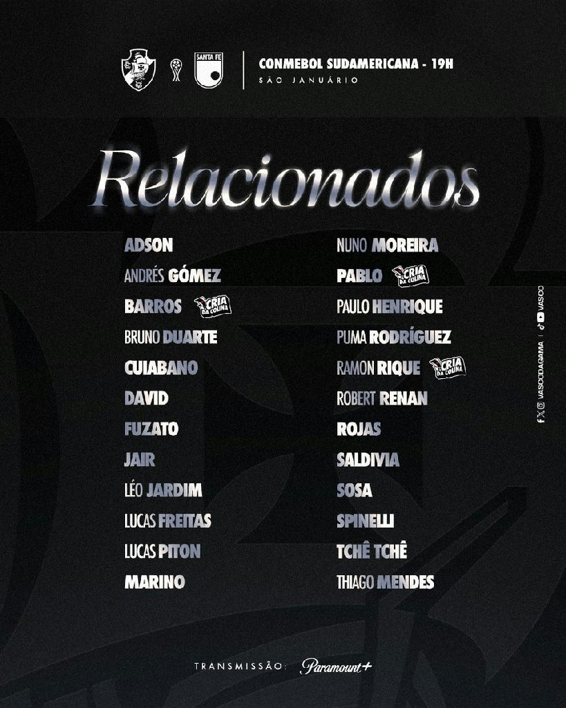 Vasco define lista de relacionados para o confronto decisivo contra o Santa Fe
