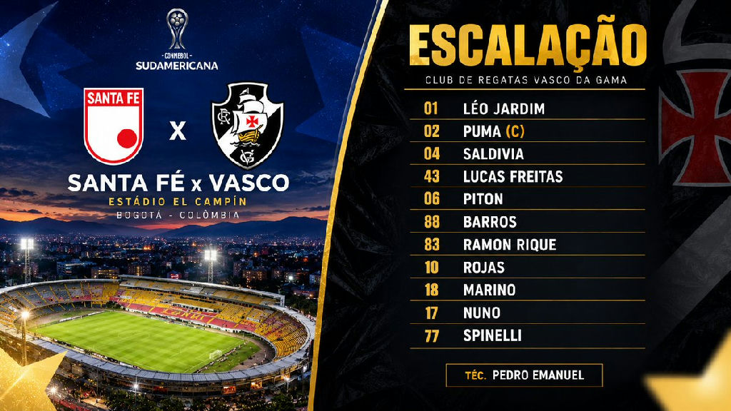 Vasco define time titular para confronto decisivo contra o Santa Fe na Colômbia