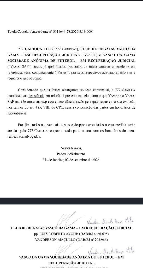 Vasco e 777 formalizam desistência de ação judicial em busca de solução consensual