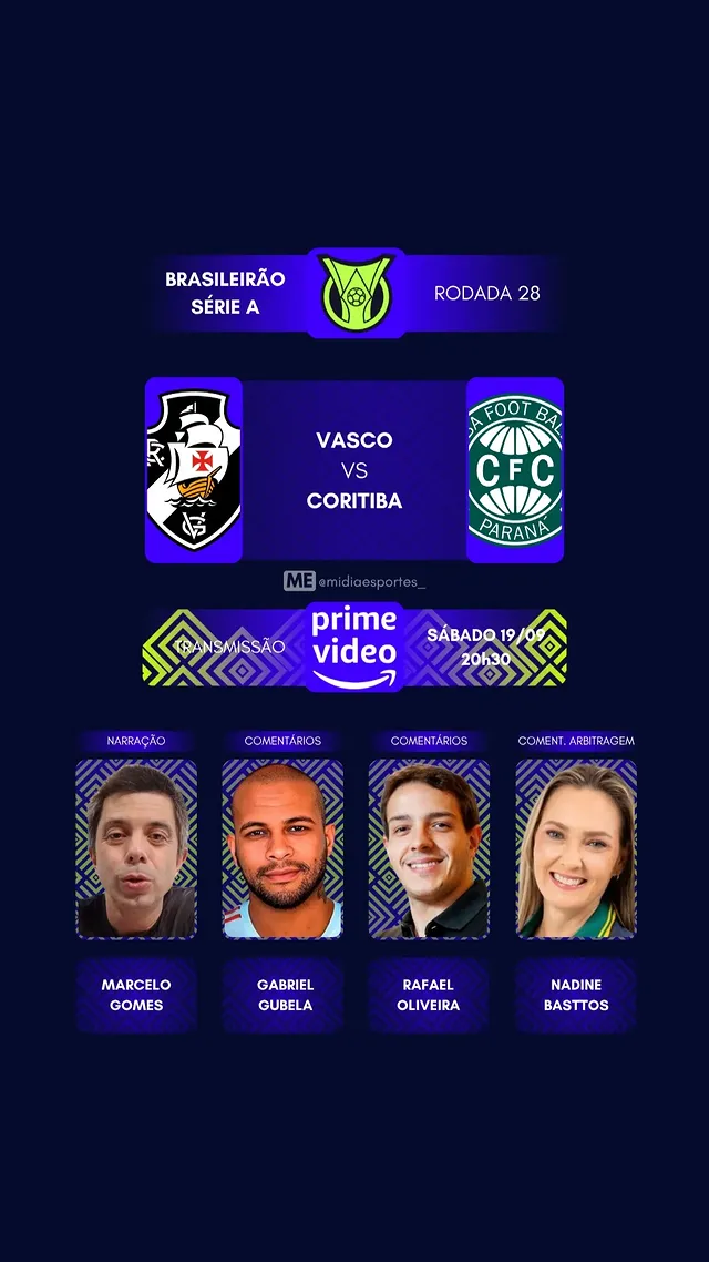 Vasco e Coritiba têm equipe de transmissão definida para o duelo da Série a