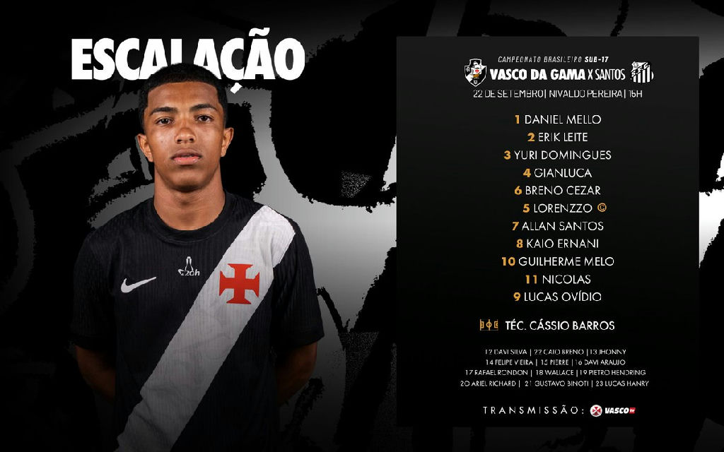 Vasco Sub-17 anuncia escalação para confronto decisivo contra o Santos no Brasileiro