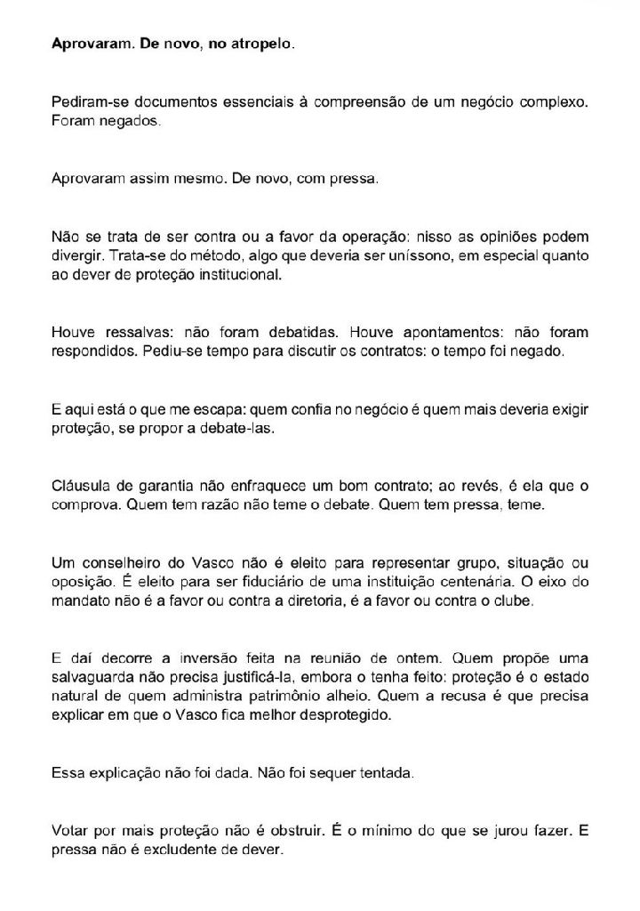 Conselheiro do Vasco critica falta de transparência na aprovação da SAF