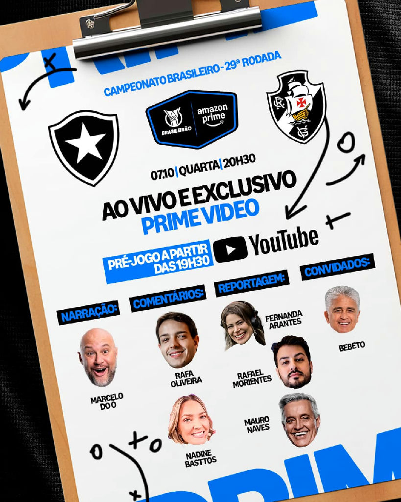 Equipe de transmissão do clássico entre Botafogo e Vasco no Prime Video