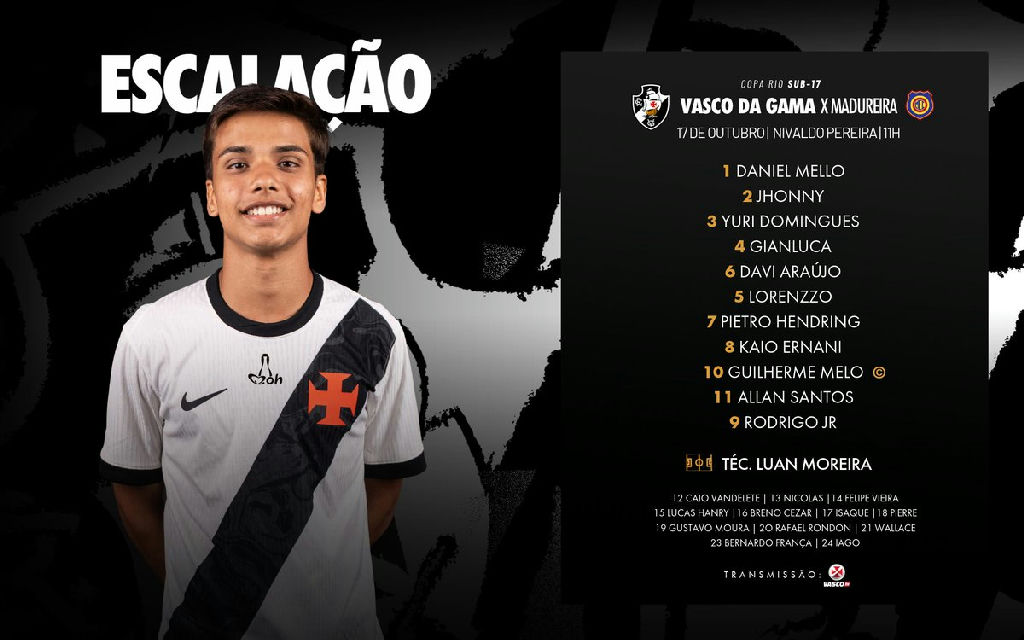 Escalação definida do Vasco da Gama para enfrentar o Madureira na Copa Rio sub-17