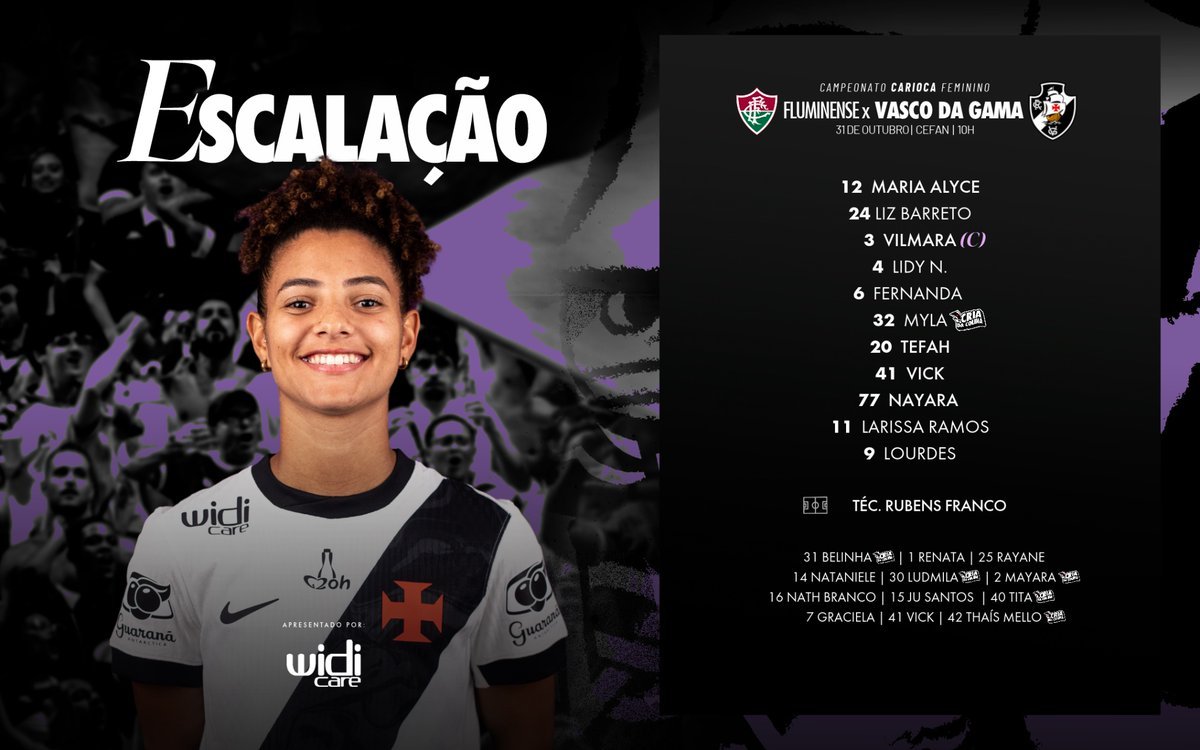 Escalação definida do Vasco Feminino para o clássico contra o Fluminense pelo campeonato Carioca