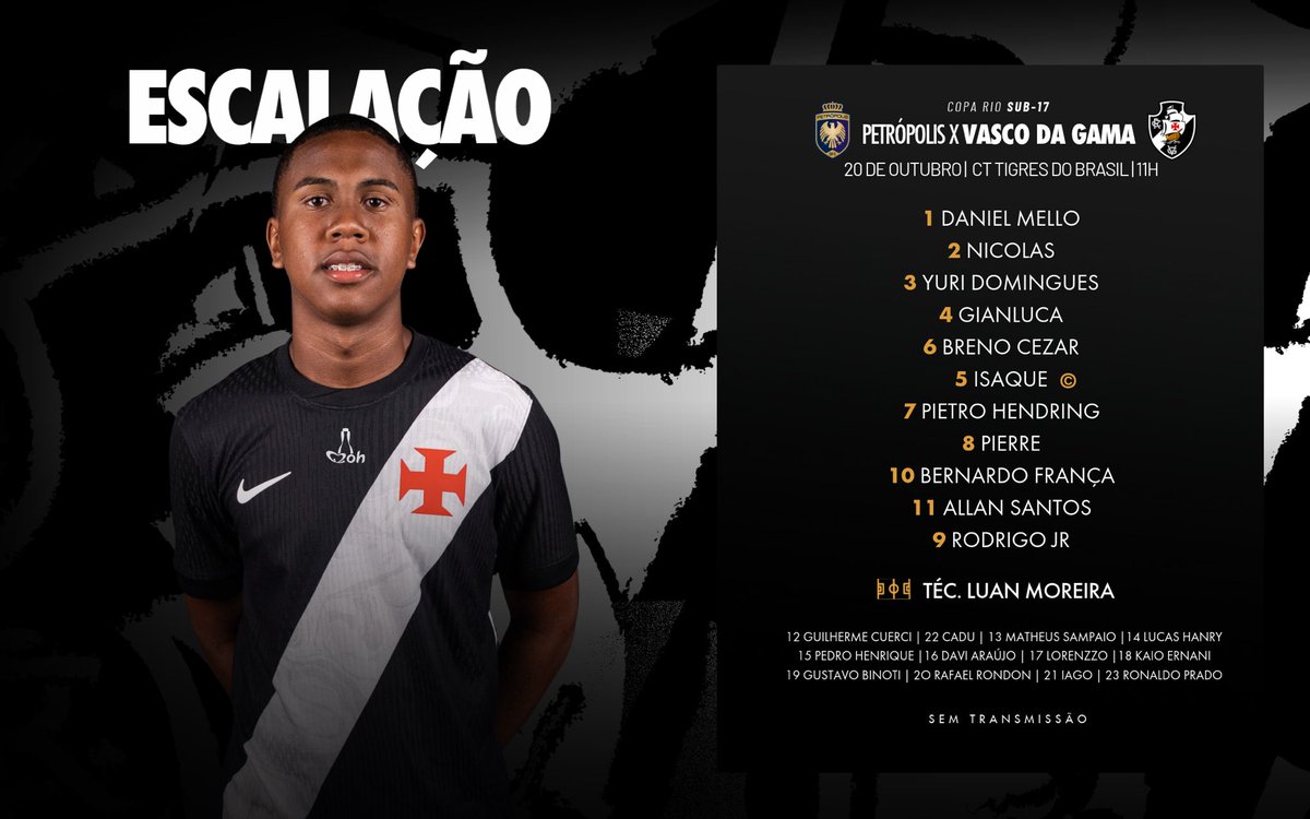 Escalação oficial do time sub-17 do Vasco para partida da Copa Rio