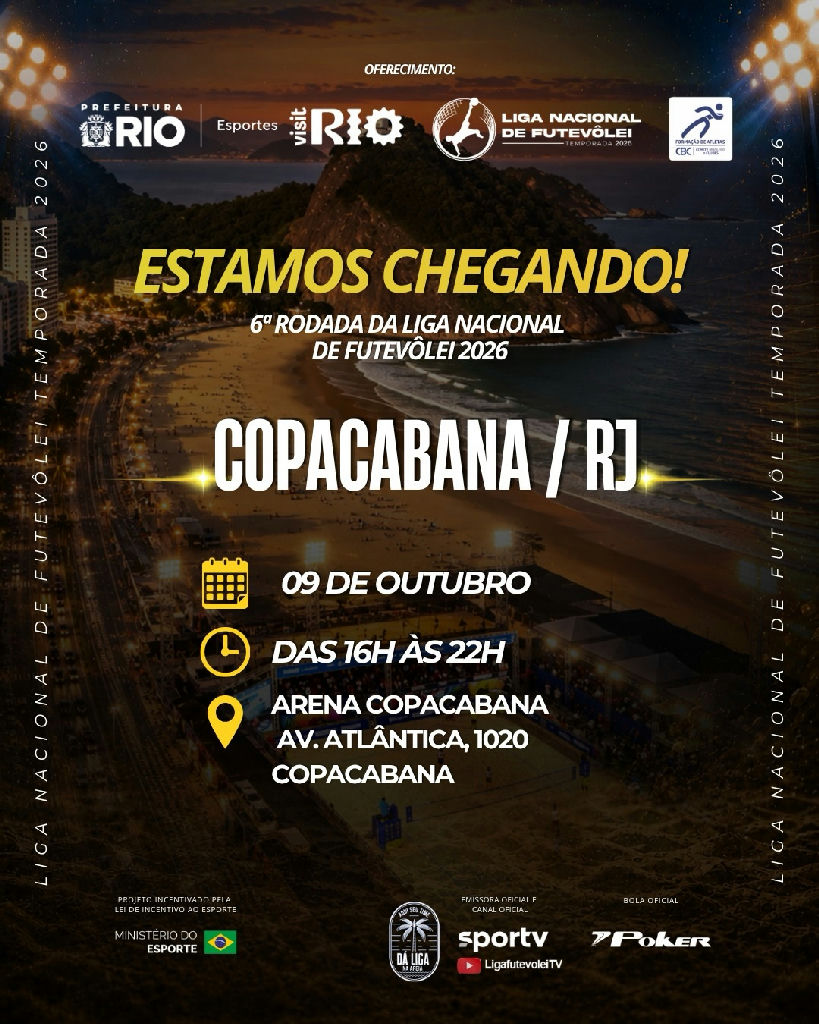 Liga Nacional de Futevôlei 2026 chega à praia de Copacabana para a sexta rodada