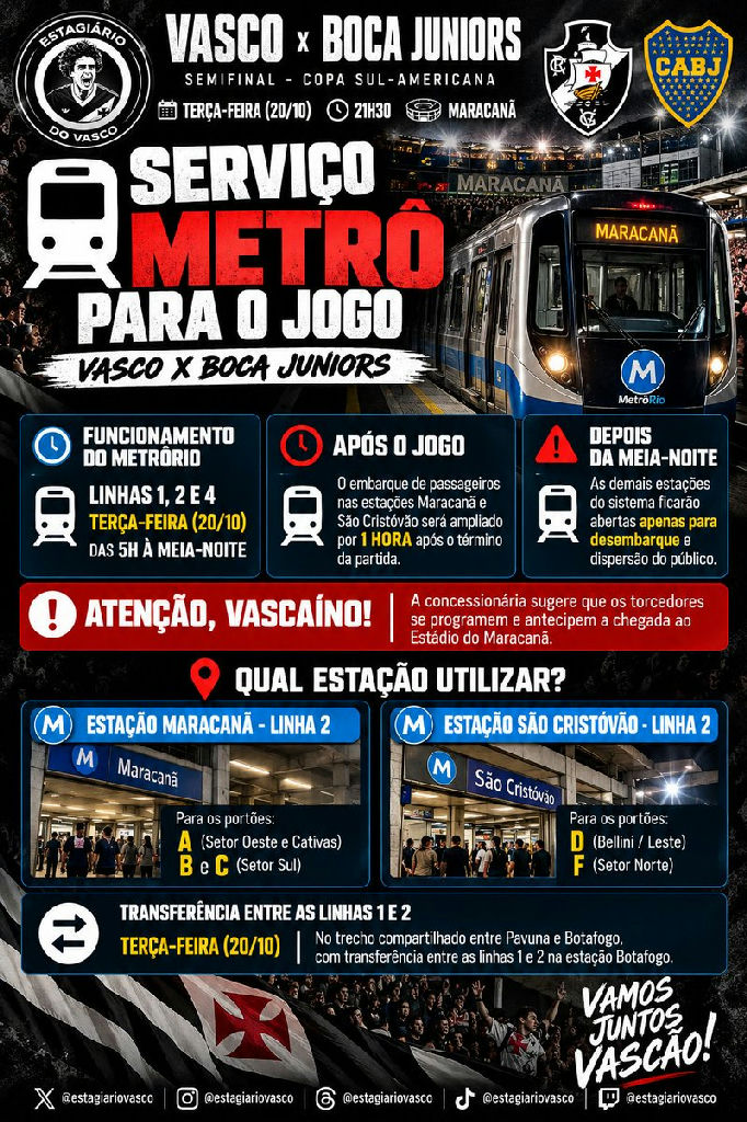 Metrôrio define esquema especial de transporte para vasco e boca juniors