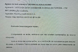 Ministério Público solicita certificação de prazo em agravo do Vasco no Tribunal de Justiça