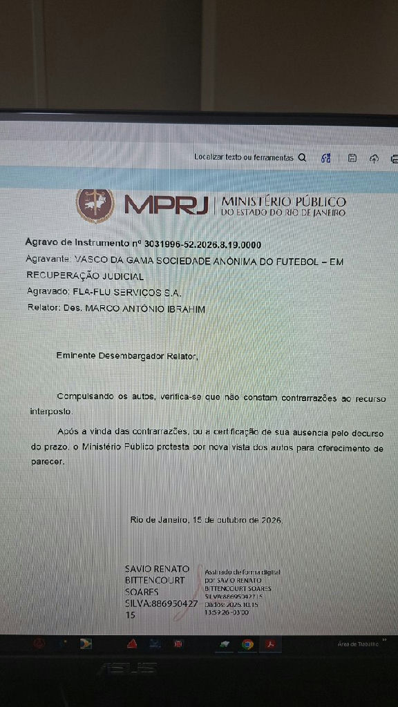 Ministério Público solicita certificação de prazo em agravo do Vasco no Tribunal de Justiça