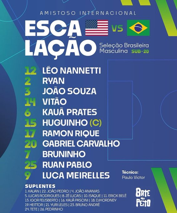Ramon Rique lidera escalação da Seleção Brasileira Sub-20 em amistoso contra os Estados Unidos