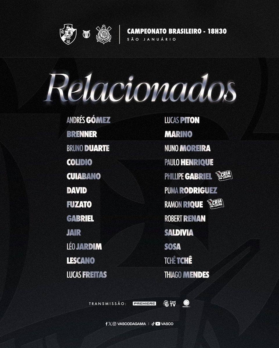 Relação de jogadores do Vasco para confronto diante do Corinthians