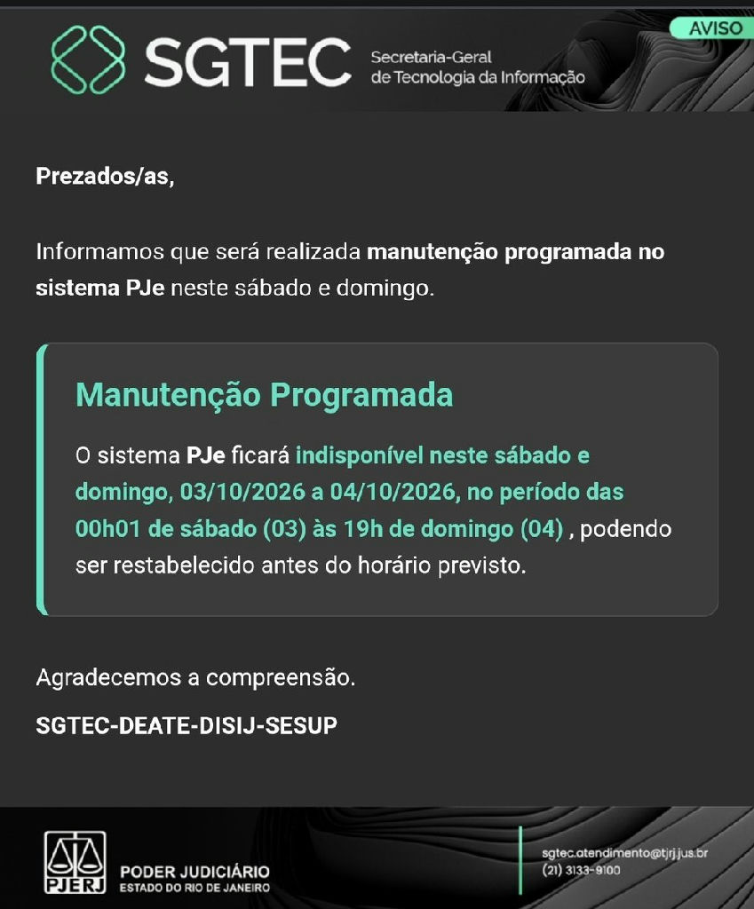Sistema PJE do Tribunal de Justiça do Rio de Janeiro passa por manutenção programada