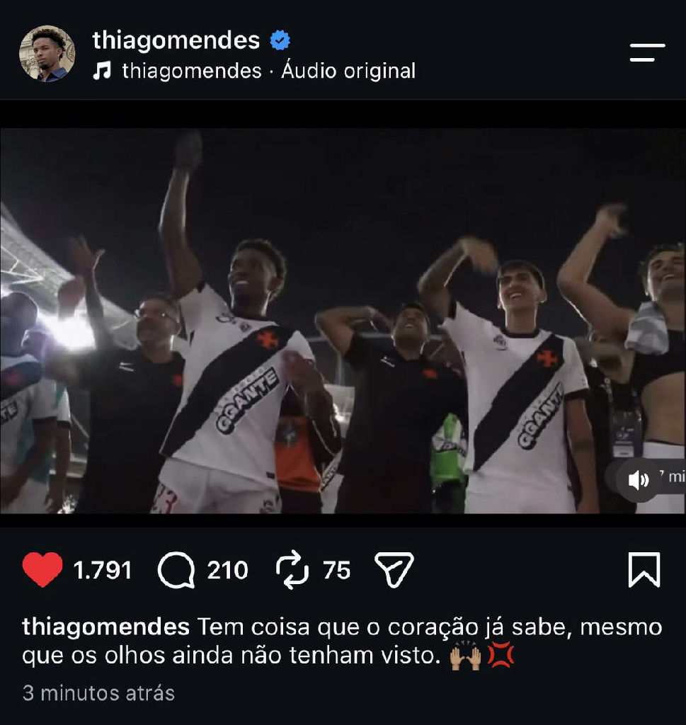 Thiago Mendes publica mensagem enigmática e agita torcedores do Vasco sobre possível transferência