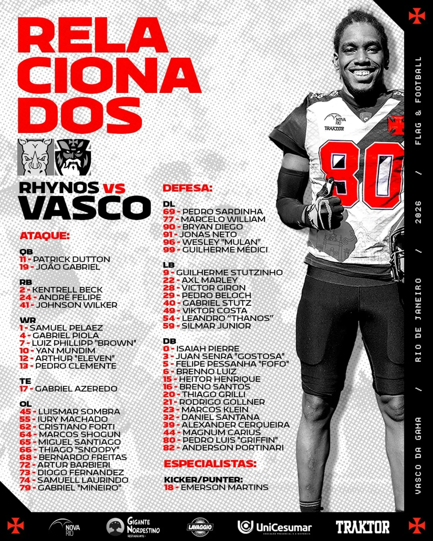 Vasco almirantes divulga lista de atletas para confronto contra o rhynos