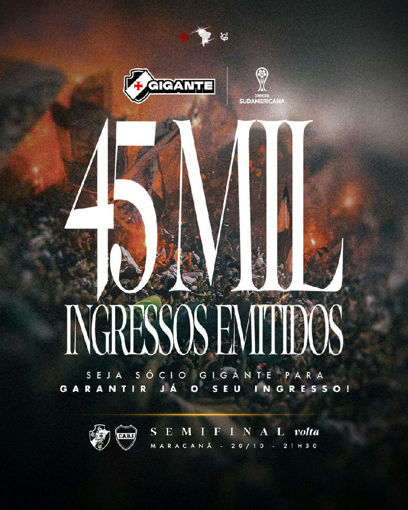 Vasco atinge marca de 45 mil ingressos emitidos para semifinal da Sul-americana