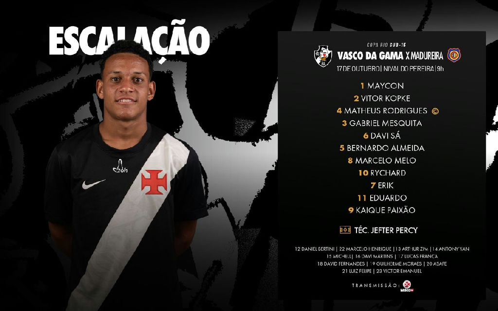 Vasco da Gama divulga escalação oficial para partida contra o Madureira