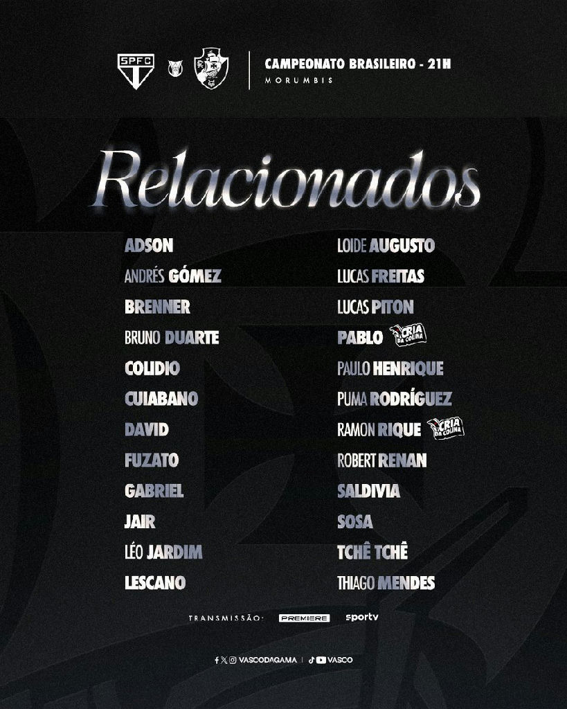 Vasco da gama divulga lista de relacionados para partida contra o são paulo no morumbis