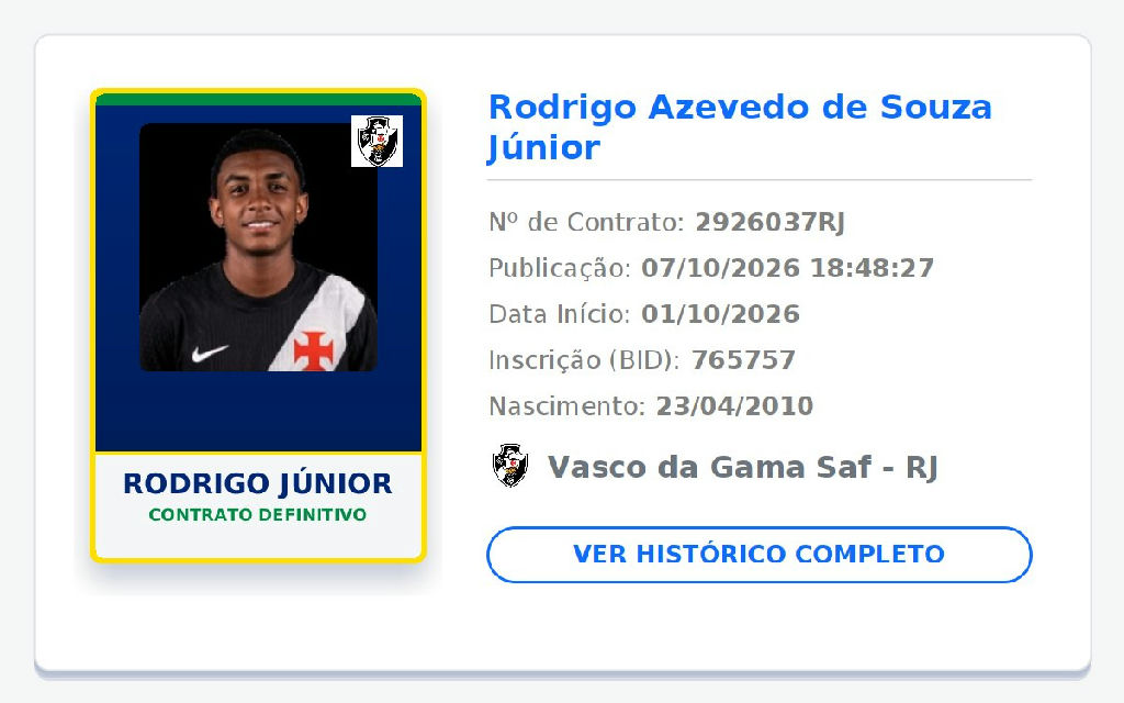 Vasco da Gama oficializa contrato definitivo do jovem Rodrigo Júnior