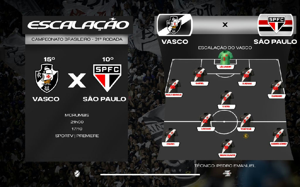 Vasco define escalação oficial para enfrentar o São Paulo no Morumbis