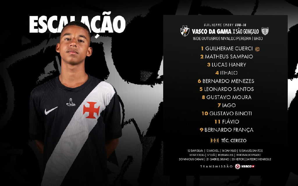 Vasco define escalação para confronto com o São Gonçalo no Guilherme Embry