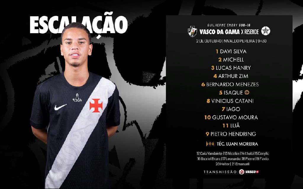 Vasco define escalação sub-16 para enfrentar o Resende no Torneio Guilherme Embry