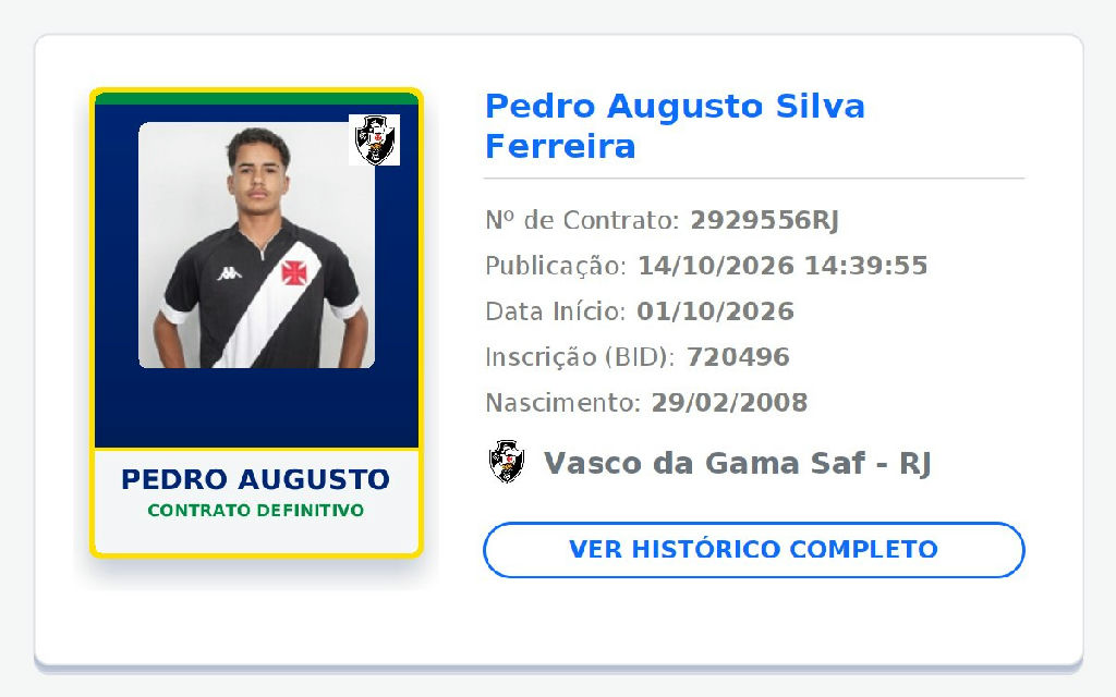 Vasco formaliza contrato definitivo de Pedro Augusto, do Sub-20, com validade até 2029