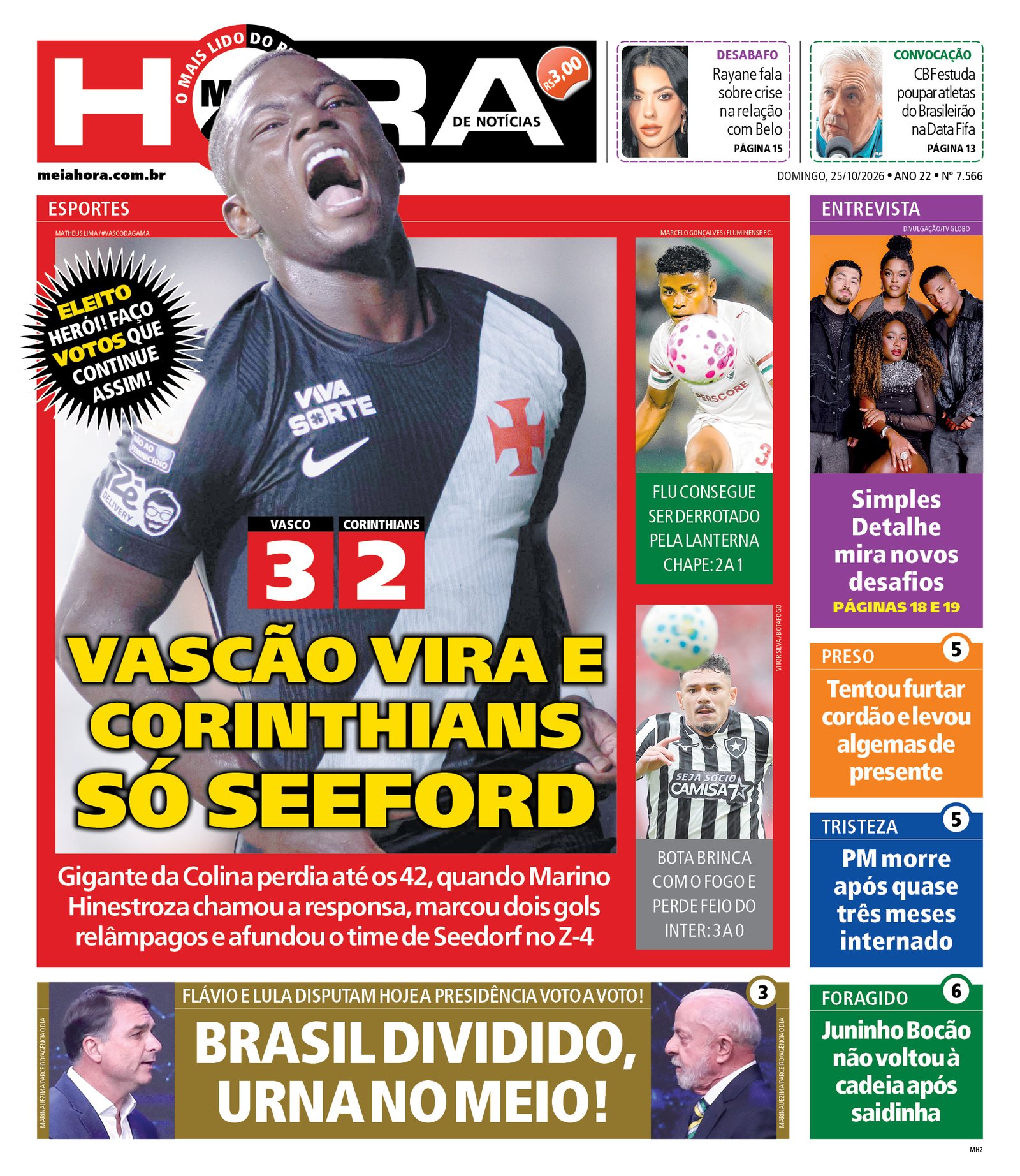 Vasco vence o Corinthians por 3 a 2 e repercute nas capas dos jornais