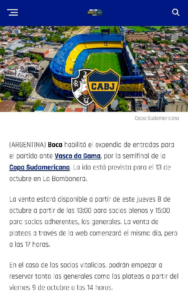 Vendas de ingressos para Boca Juniors e Vasco na Bombonera iniciam para a semifinal da Sul-americana