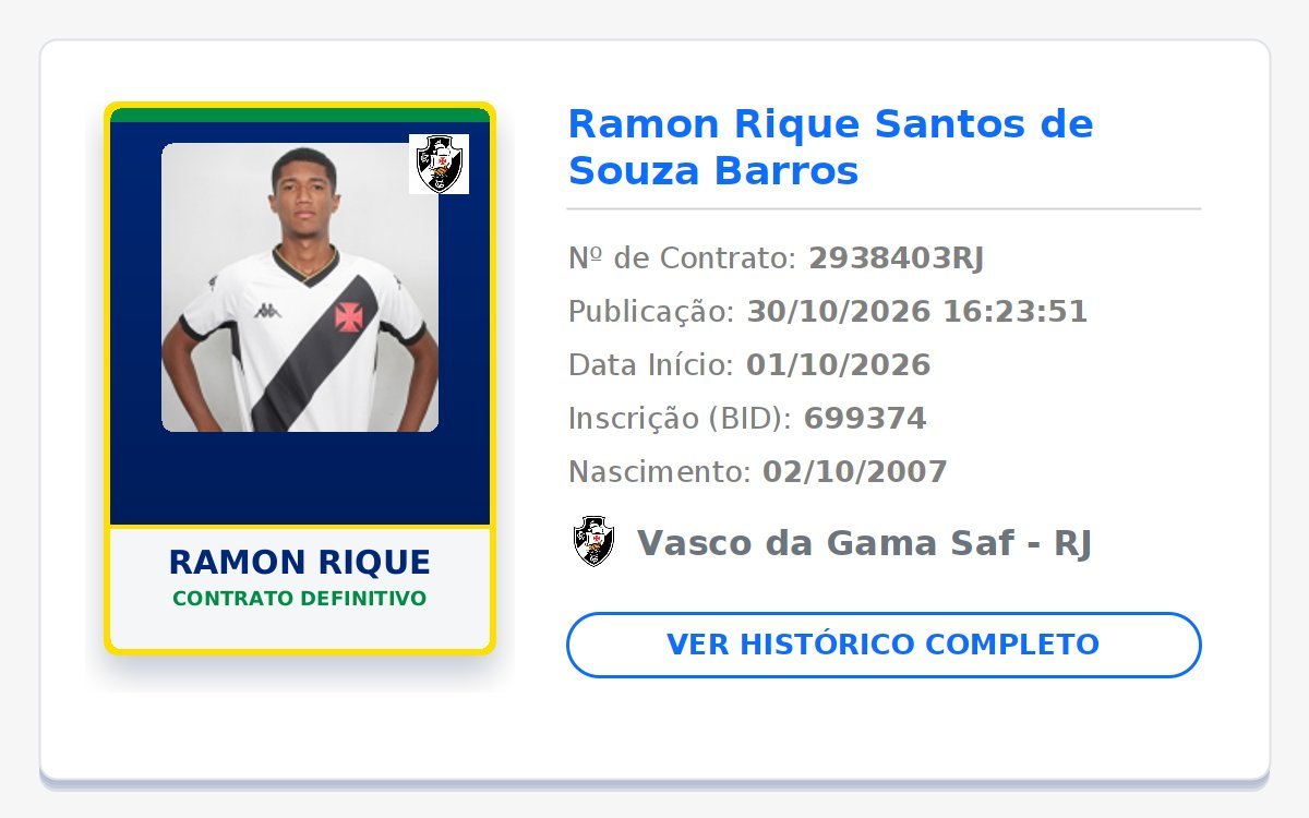 Vínculo definitivo de Ramon Rique com o Vasco até 2030 é registrado no BID da CBF
