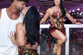 Viviane Araújo brilha em quadra do Salgueiro com look de pedrarias