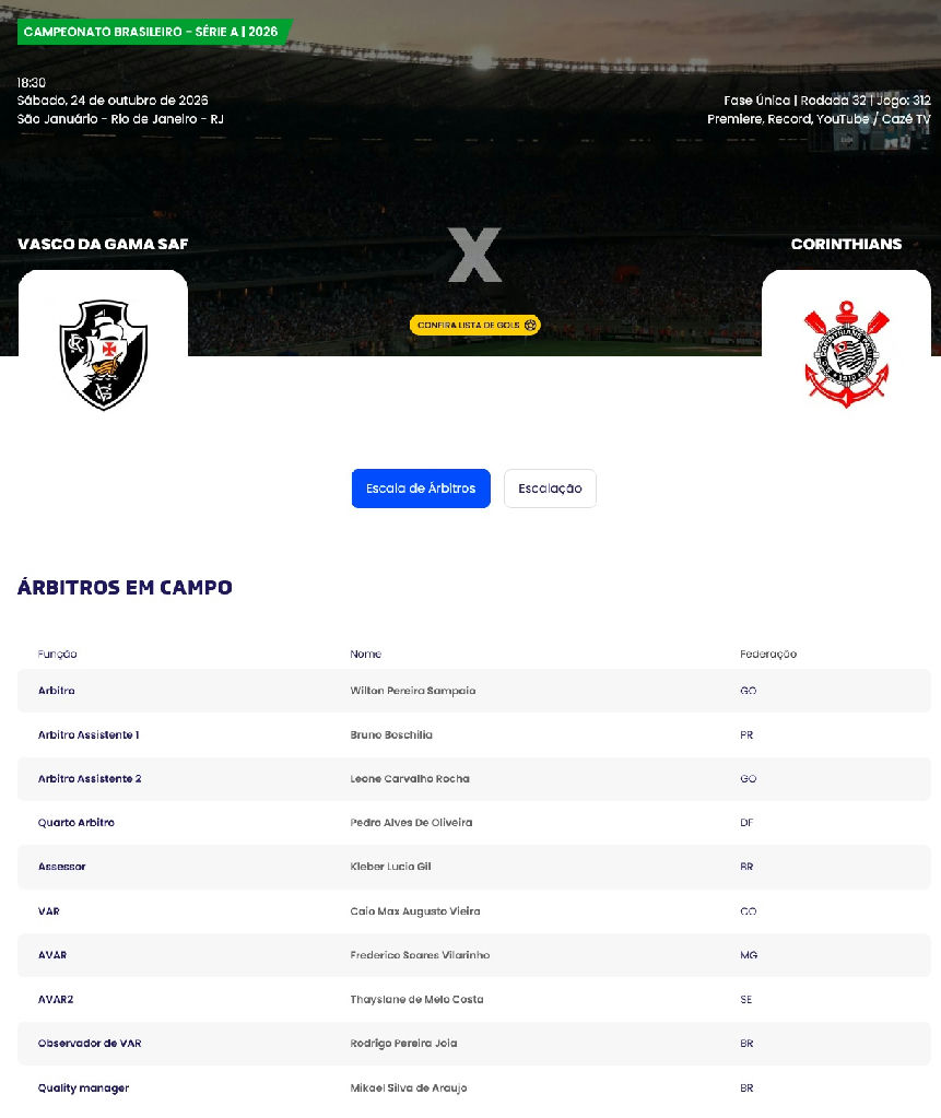 Wilton Pereira Sampaio comanda a arbitragem de Vasco e Corinthians em São Januário
